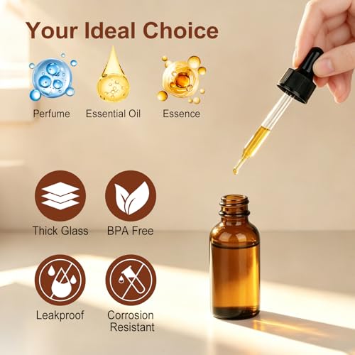 80 Pack 1oz Amber Glass Bottles with Glass Eye Droppers for Essential Oils, Perfumes (Brush, Funnels, 2 Extra Droppers, 80 Pieces Labels & 30ml Measuring Cup Included) - color: Amber-80pack