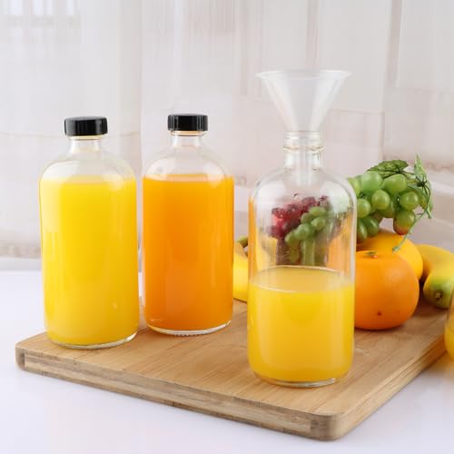 PINIWON 12 Pack 16 oz Clear Glass Bottles, Boston Round Sample Bottles with Black Poly Cone Caps, Labels and Funnels - color: Clear