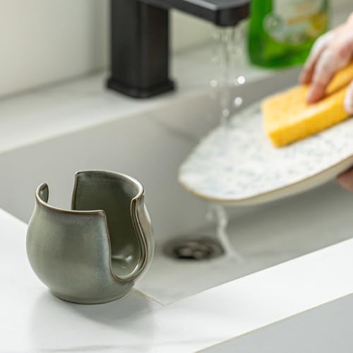 Zoeeker Sponge Holder for Kitchen Sink, Ceramic Dish Sponge Caddy Drying Rack Farmhouse Brush Holder Scrubby Organizer for Bathroom, Kitchen, Dark Green - color: Dark Green, size: Barrel-type