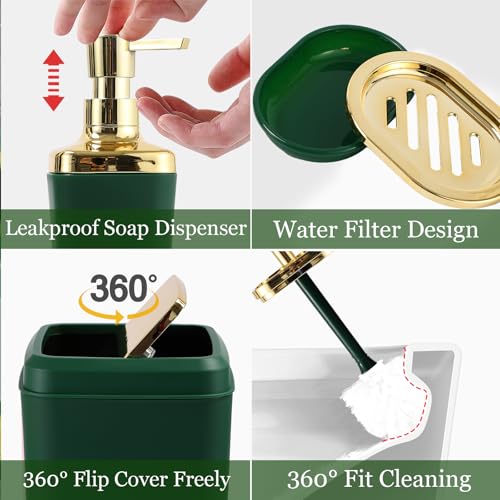 XLHOMO Bathroom Set - Green and Gold Bathroom Accessories, Bathroom Sets with Shower Curtain and Rugs, Green Shower Curtain Set with Bathroom Trash Can, Soap Dispenser, Soap Dish for Home Decor - color: Stripe Green & Gold, size: Complete Set + Bath Rugs
