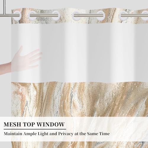 No Hook Shower Curtain with Snap in Liner 71x74 inch | Marble Abstract Design, Mesh Top Window, Hotel Style Fabric Shower Curtain, Water-Repellent Bathroom Curtain - color: Boho Gold Marble