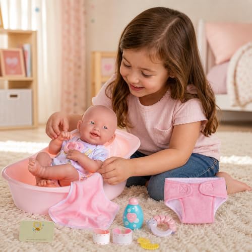 8 piece Layette Deluxe Bathtub Gift Set | JC Toys - La Newborn | 14" Life-Like Smiling Vinyl Newborn Doll w/ Accessories | Pink | Waterproof |Ages 2+ - color: Bath Pink