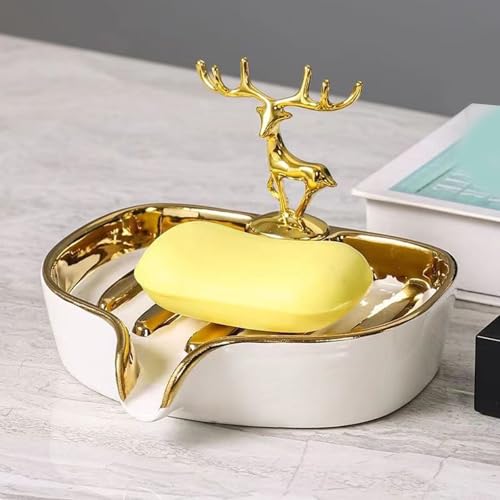Soap Dish, Luxurious Ceramic Soap Dish Self Draining Soap Holder Tray Easy Cleaning Soap Saver for Shower Bathroom Kitchen Sink Bathtub Hotel Travel（White Painted in Gold） - color: White Painted in Gold