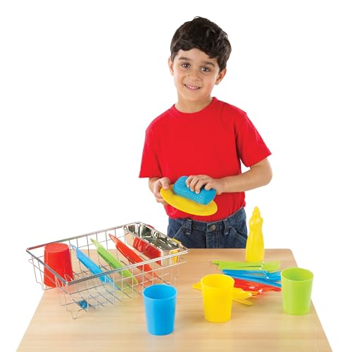 Melissa & Doug Wash and Dry Dish Set - 24 Pieces Kids Play Dishes, Play Kitchen Accessories, Toy Dishes for Kids Kitchen Ages 3+