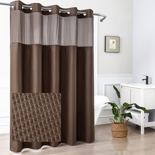 Mrs Awesome No Hook Shower Curtain with Snap-in Liner, Embossed Waffle Design Fabric Shower Curtain for Bathroom, Soft & Lightweight, 71x74, Chocolate - color: Chocolate, size: 71"W x 74"L (Pack of 1)