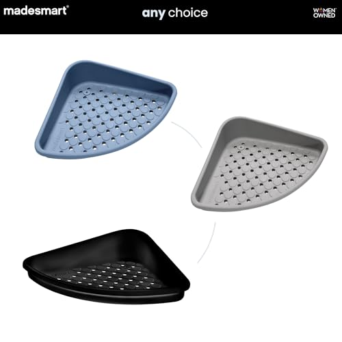 madesmart Bathtub Corner Shelf, Suction Cup Bath Organizer for Shampoo, Soap, Razors & Shower Accessories, Non Slip Bathroom Storage Tray with Drainage Holes, Blue - color: Blue