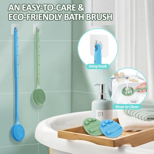 Soft Silicone Back Scrubber & Bath Glove 2PCS, 16''- 24'' Extendable Shower Scrubber with Dual-Side Head, 360° Anti-Slip & Hand-fit Silicone Body Scrubber for Rich Foaming Deep Cleaning(Blue) - color: Blue*2