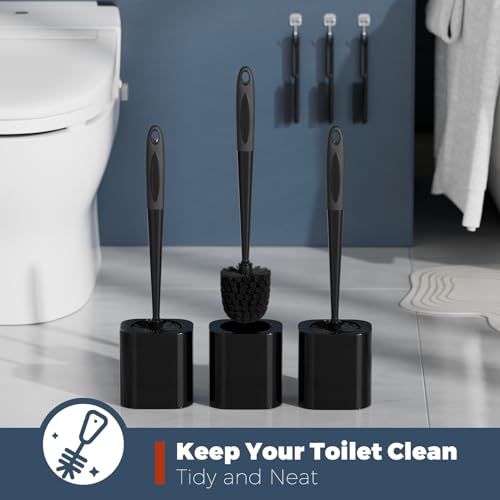 Toilet Brush, 3 Pack Toilet Brush and Holder Set Bathroom Accessories, Toilet Bowl Brush and Holder with 3 Crevice Brush for Bathroom, Toilet Scrubber Brush (Black) - color: Black