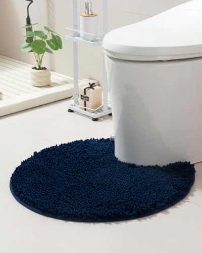 Soft Shaggy Round Toilet Rug U Shaped for Bathroom, Excellent Absorbent Contour Toilet Mat Machine Washable, Non-Slip Microfiber Chenille Bathroom Rugs 24" Navy Blue - color: Navy Blue