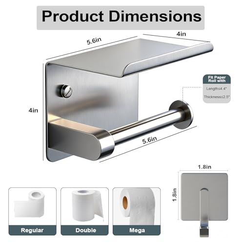 Toilet Paper Holder with Phone Shelf, Adhesive or Screw Wall Mount Toilet Tissue Roll Holder with 5 Stainless Hook,Rustproof and Bathroom Washroom Tissue Roll Holder with Storage Shelf - Silver