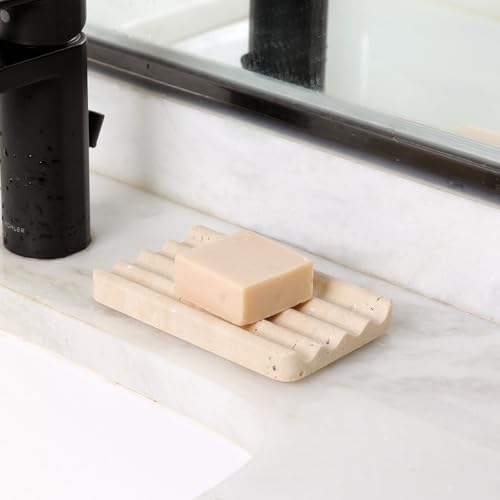 Karibiber Marble Soap Dish, Beige Travertine Bar Soap Holder Shower, Large Bathroom Soaps Saver, Easy Cleaning Natural Stone Sponge Holder for Kitchen Sink, Executive Jewelry Ring Tray - color: Travertino Romano