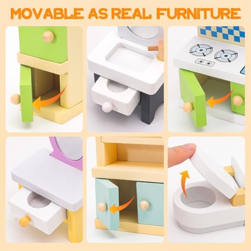 HAPGFS 36PCS Wooden Dollhouse Furniture Set with 4 Flexible Family Dolls - 5 Room Realistic Doll House Accessories for Toddlers 3 4 5 6, Pretend Play Toys Gift for Birthday and Christmas - style: Indoor