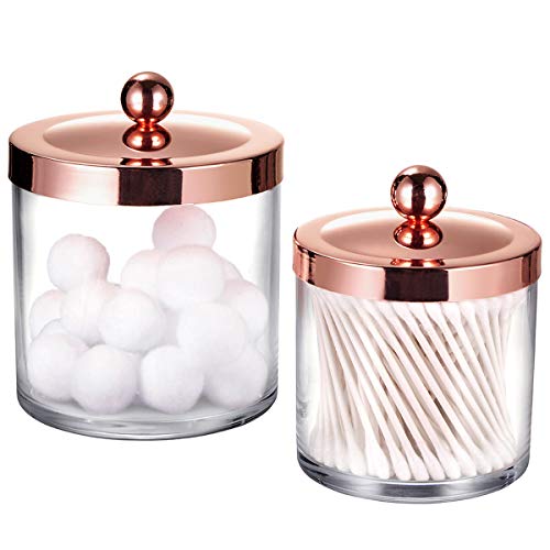 SheeChung 2-Pack Plastic Apothecary Jars with Rose Gold Metal Lids - 25oz & 15oz Clear Acrylic Qtip Holder Set - Shatterproof Bathroom Vanity Organizer for Cotton Balls, Swabs, Pads - Luxury Decor - color: Rose Gold, size: 25 oz & 15 oz