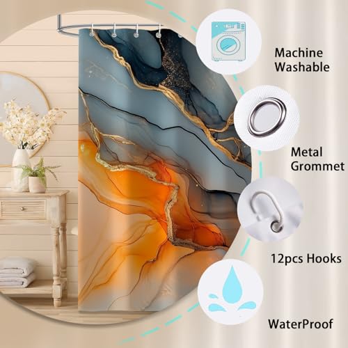 Moonslim 4Pcs Marble Shower Curtain Set, Orange Gold Black Abstract Bathroom Shower Curtain with Rugs and Accessories,Shower Curtains for Bathroom Set Decor - color: Black Gold