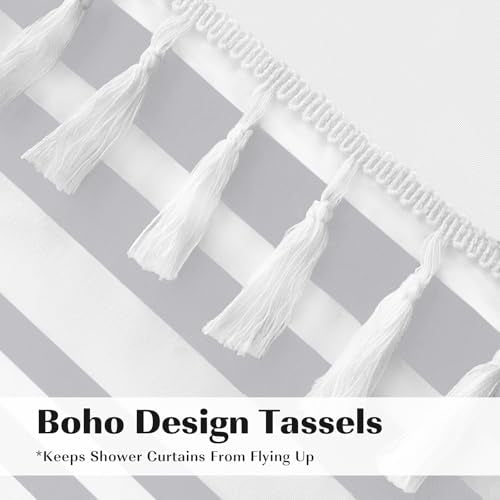 Seasonwood Tassel Fabric Shower Curtain White Gray Striped 78-Inch Bathroom Curtain Set with 4'' Fringes, Spa Hotel Heavy Weighted Bath Curtains Nordic Chic (72 x 78, White) - color: Grey and White, size: 72"W x 78"L (Pack of 1)