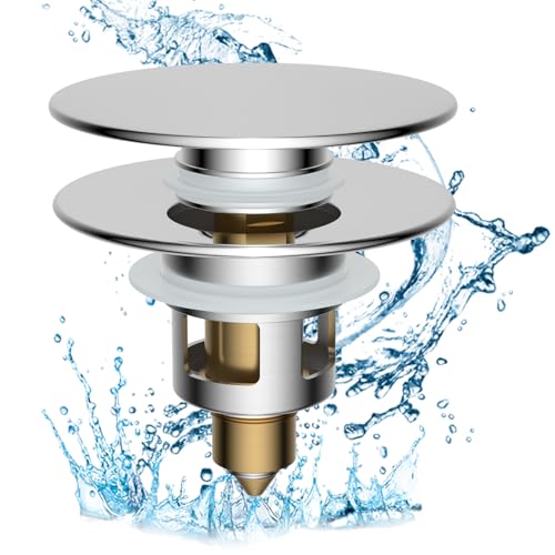 Hibbent All Metal 2 in 1 Bathroom Sink Stopper, Universal Pop Up Drain Strainer, Brass Bullet Core Push Type Sink Stopper for 1.1''~2.3'' Basin, Big Push Button, Anti Clogging Drain Filter, Chrome - color: Chrome