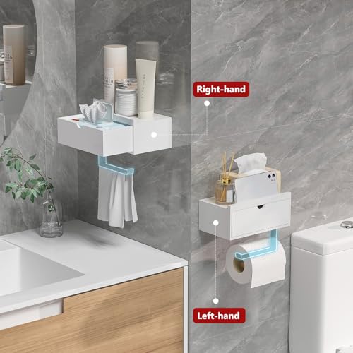 Domax Standard 8.46" Bamboo Toilet Paper Holder with Shelf and Storage Drawer - Wall Mount or Adhesive Bathroom Organizer for Tampons, Cotton Swabs, Wipes or More, White - color: White