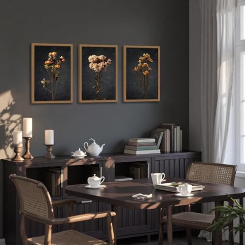 3Pcs Framed Vintage Wall Art Prints, Retro Moody Floral Botanical Canvas Painting Farmhouse Decor, Black Dark Classical Flower Wall Art for Bathroom, Bedroom, Living Room, Gallery,16x24in - color: Vintage Dried Flower Wall Art, size: 16x24 Inches