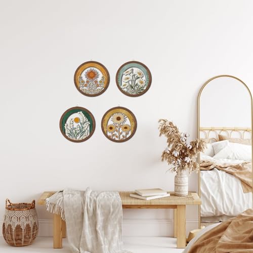 HPNIUB Vintage Flower Wall Decor, Farmhouse Sunflower Daisy Geometric Hanging Wooden Wall Art, 4 Pieces 10''x10'' Minimalist Boho Sun&Floral Wood Sign for Girls Bedroom Living Room Office - color: Vintage flower