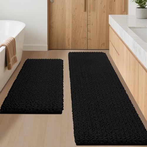 ACCUMTEK Upgrade Luxury 2 Piece Black Toilet Bathroom Rug Mat 48"x20"+24"x17", Ultra Soft Thick Absorbent Bath Mats, Non Slip Chenille Toilet Mat for Bathroom, Bedroom, Kitchen, Shower, Tub - color: Black, size: 24" X 17" plus 20" X 48"