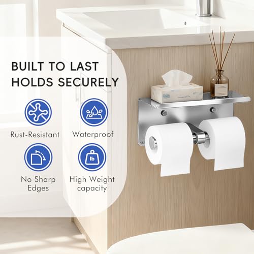 4 Pack Double Toilet Paper Holder with Shelf, Wall Mount Tissue Roll Holder for Bathroom, Heavy Duty 304 Stainless Steel Commercial Toilet Paper Dispenser with Phone Shelf - Brushed Nickel