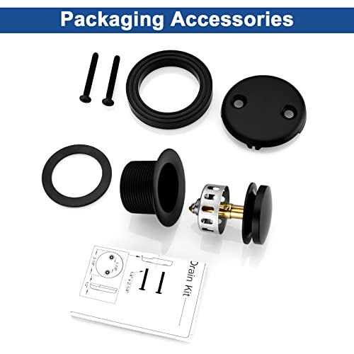 Brass Tip-Toe Tub Drain Kit with Basket Strainer and Two Hole Overflow Faceplate, Matte Black - color: Black, style: 2-hole