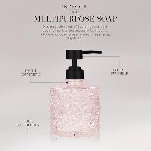 Marcella Glass Soap Dispenser with Soap Pump, Refillable 14 Ounce Capacity, Floral Design Rose Patterns, Heavy Weight Thick Glass for Bathroom, Premium Kitchen Soap Dispenser Peach Blush - color: Peach Blush