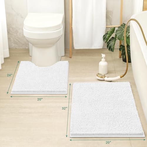 HOMEIDEAS Bathroom Rugs Set 2 Pieces, Ultra Soft Non Slip Absorbent Chenille Toilet Bath Mat Set (White) - color: White-white, size: 1'8" x 2'8" (U Shape 20"x24"+20"x32")