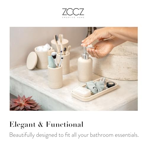 ZCCZ Beige Bathroom Accessories Set 6 Pieces - Toothbrush Holder, Lotion Dispenser, Qtip Container, Vanity Tray, Tumbler - Countertop Organizer for Bathrooms - Elegant and Functional Décor Set - color: Beige, size: 6pcs