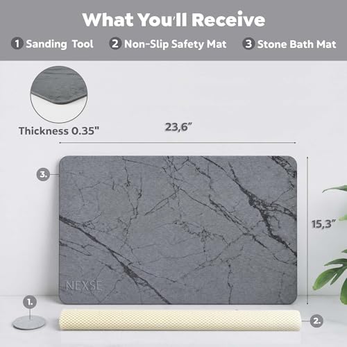 NEXSE Stone Bath Mat Diatomaceous Earth Shower Mat (23.6''×15.3") | Non Slip Water Absorbent Quick Dry Diatomite Bath Mat for Bathroom Floor and Kitchen Counter Easy to Clean | Gray - color: Gray, size: 23.6" x 15.3" (Rectangular)