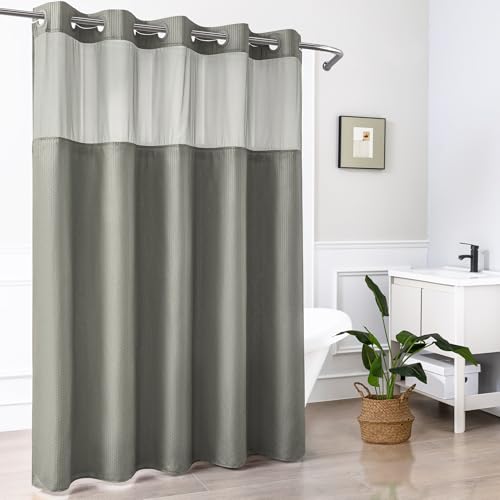 Mrs Awesome No Hook Shower Curtain with Snap-in LinerLess Time On/Off, Embossed Waffle-Look Textured Fabric Shower Curtain for Bathroom, Soft & Lightweight, 71x74, Gray - color: Grey, size: 71"W x 74"L (Pack of 1)