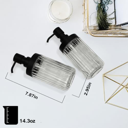 2 Pack Ribbed Clear Glass Soap Dispenser Set, 14.3 OZ Wide Mouth Refillable Hand & Dish Soap Dispensers with Matte Black ABS Pump, 4 Waterproof Labels, Bathroom Countertop & Kitchen Sink - color: Clear-glass