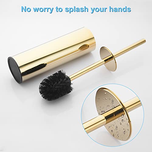 Toilet Brush and Holder Set Gold Stainless Steel, 304 Heavy Duty Round Toilet Brush Set – Rust Resistant, Long Handle, Replacement Heads, Floor Standing Bathroom Toilet Cleaning Brush - color: Gold-round