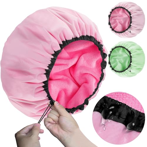 Sheomern 2 Pcs 13.5" Dual Waterproof Design Adjustable Terry Shower Cap for Women and Men, EVA Double Layer Bath Cap Reusable for Braids, Long Hair, Dreadlocks - color: Pink+Green, size: Large