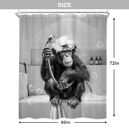 Newsely Funny Monkey Shower Curtain 60Wx72L Inch Black White Animal Chimpanzee Washing Hair in Bathtub Bubble Hilarious Bathroom Set Modern Waterproof Bath Decoration Accessories Home Decor - color: O-monkey, size: 60"W x 72"L (Pack of 1)