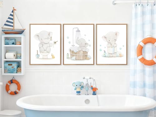 Framed. Set of three prints for bathrooms. An elephant in my bathroom wall art. Canvas Print. Funny kids Bathroom home decor. 12x16 inch. - color: X, size: 16"L x 12"W