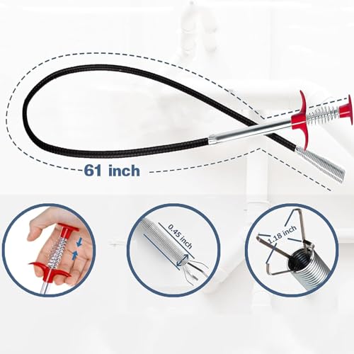 (61 inch) Drain Clog Remover - Gutter Cleaning Drain Snake Tools Cleaner for Toilet Sewer Shower Kitchen Bathroom Tub Tool, Flexible Grabber Claw Pick Up Reacher - style: 61 IN