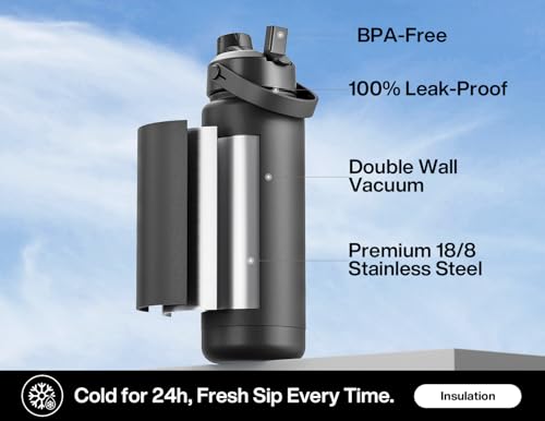 POWCAN 32 oz Insulated Water Bottle with 2-in-1 Straw and Spout Lid, Keep Cold 24H, Leak-Proof, BPA-Free, Double Wall Stainless Steel Water Bottle for Sports, Gym, Travel, and School (Dark Knight) - color: Dark Knight, size: 32 Ounces