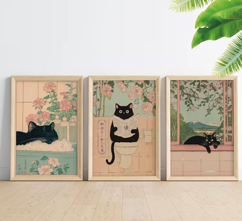 3Pcs Funny Bathroom Cat Wall Art Japanese Funny Black Cat in Bathtub Pictures Wall Decor Paintings Bathroom Animal Aesthetic Posters Prints Artwork for Bedroom Restroom Spa Room Home Decoration - color: Funny Cat, size: 10L" x 8W"Poster