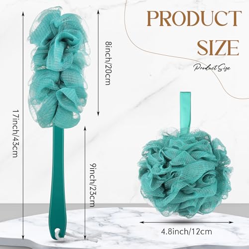 Sunnyray 4 Pack Back Scrubber for Shower and Shower Loofah Sponge Set, 50g Shower Loofah Poufs, Loofah Body Scrubber with Long Handle, Loofah on a Stick Bathing Accessories for Body Brushes