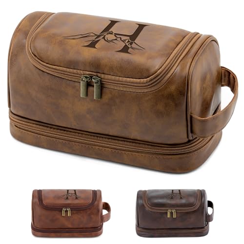 Personalized Gifts Travel Toiletry Bag for Men, Laser-Engraved Initial Waterproof PU Leather Shaving Bag Valentines Easter Birthday Gifts for Men Dad Husband Son Groomsmen Light Brown H - color: Light Brown, style: H
