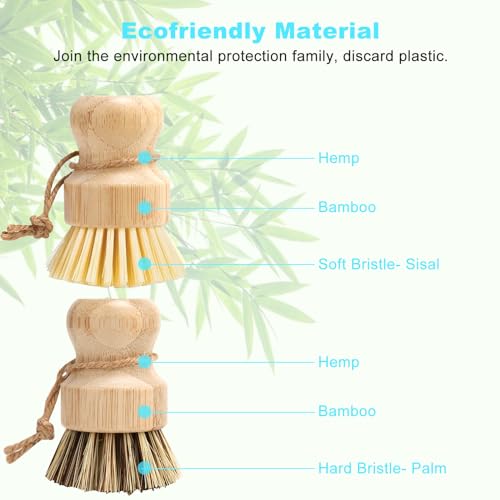 Aisuly Bamboo Dish Brush Set, 2 Pcs Palm Wooden Dish Scrubber Brush, Dish Brushes, Durable Wood Dishes Scrub Brush, Natural Round Vegetable Cleaning Pots Pans Sink Washing Kitchen Brush - size: 1p Palm+1p Sisal