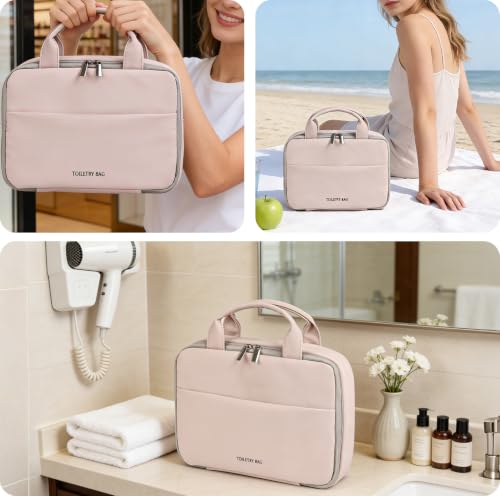 Greenfeather Hanging Toiletry Bag for Women, Compact 3-Layer PU Leather Organizer with Hook – Cosmetic & Makeup Travel Bag, Washable Waterproof EVA, Spacious Foldable Case for Weekend Trips - color: Warm Nude