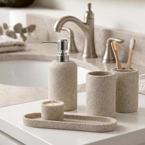 Bathroom Accessories Set, Bathroom Organizer Countertop, Soap Dispenser and Toothbrush Holder, Mouthwash Cup, Tray Set, Vanity Tray for Bathroom, 4 Pieces Modern Decor (Beige) - color: Beige 4pcs