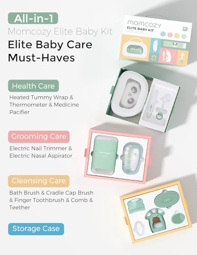 Momcozy Elite Baby Kit, Superior Baby Shower & Registry Essential Kit for Grooming & Health & Cleansing Care, Electric Nail File & Nasal Aspirator,Tummy Wrap,Thermometer,Bath Brush,Teether,Storage Bag - size: Elite Baby Kit