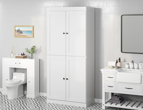 Palace Imports Solid Wood Tall Bathroom Pantry Cabinet with 4 Shaker Doors & Adjustable Shelves, White - 100% Eco-Friendly, Renewable, Space-Saving Storage, 71.5" H x 32" W, Made in Brazil - color: White