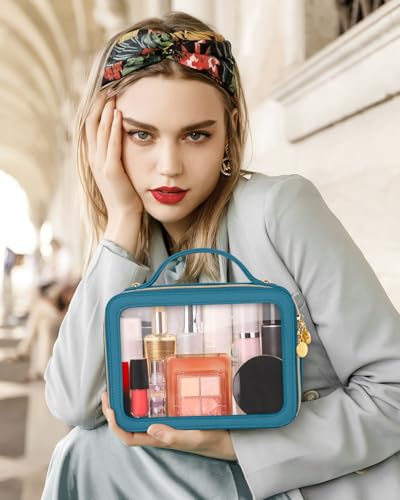 Soimeat Clear Makeup Bag, Portable Travel Cosmetic Bags, Multipurpose Leather Toiletry Bag with Zipper, Waterproof Transparent Cosmetic Organizer for Women, Medium, Blue - color: Blue, size: Medium