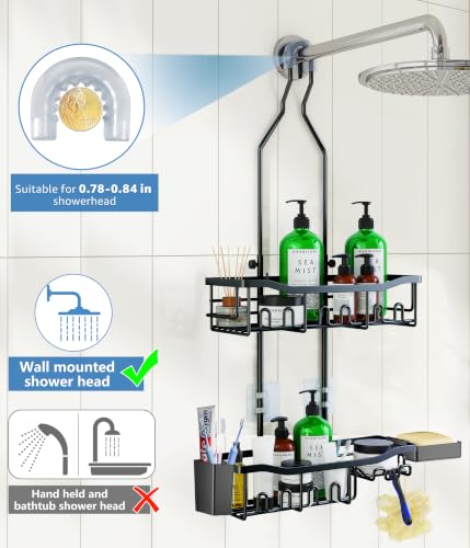 Upgraded Extended Length Shower Organizer with 16 Hooks, Rustproof Shampoo Soap Storage, Large Hanging Bathroom Caddy with Soap and Toothbrush Holder - color: Black with Toothbrush