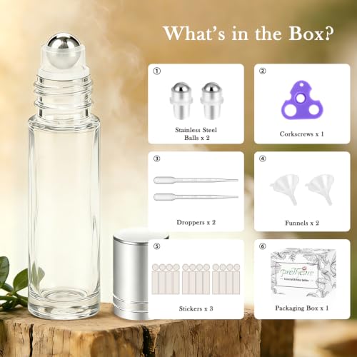 PrettyCare 12 Pack, 10 ml Essential Oil Roller Bottles with Stainless Steel Roller Ball - Refillable Leak-proof Empty Thick Clear Glass Roll on Bottles with Silver Caps for Travel, Perfume - color: Frosted with Silver Cap, size: 12 Pack