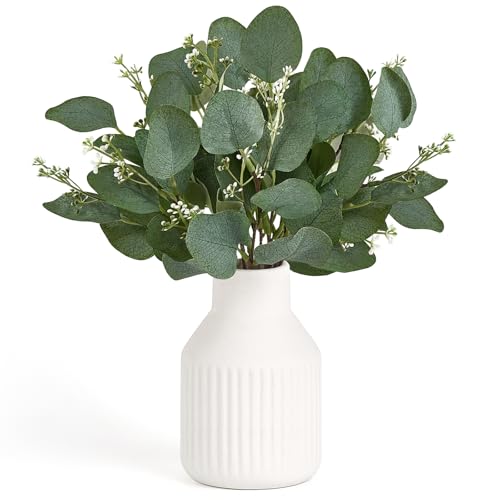 Dahey Artificial Eucalyptus Stems in Ceramic Vase Centerpiece Table Decorations Modern Farmhouse Decor Fake Eucalyptus Plants with Vase for Bathroom Kitchen Shelf Living Room Home Decor, White - color: White, size: Medium